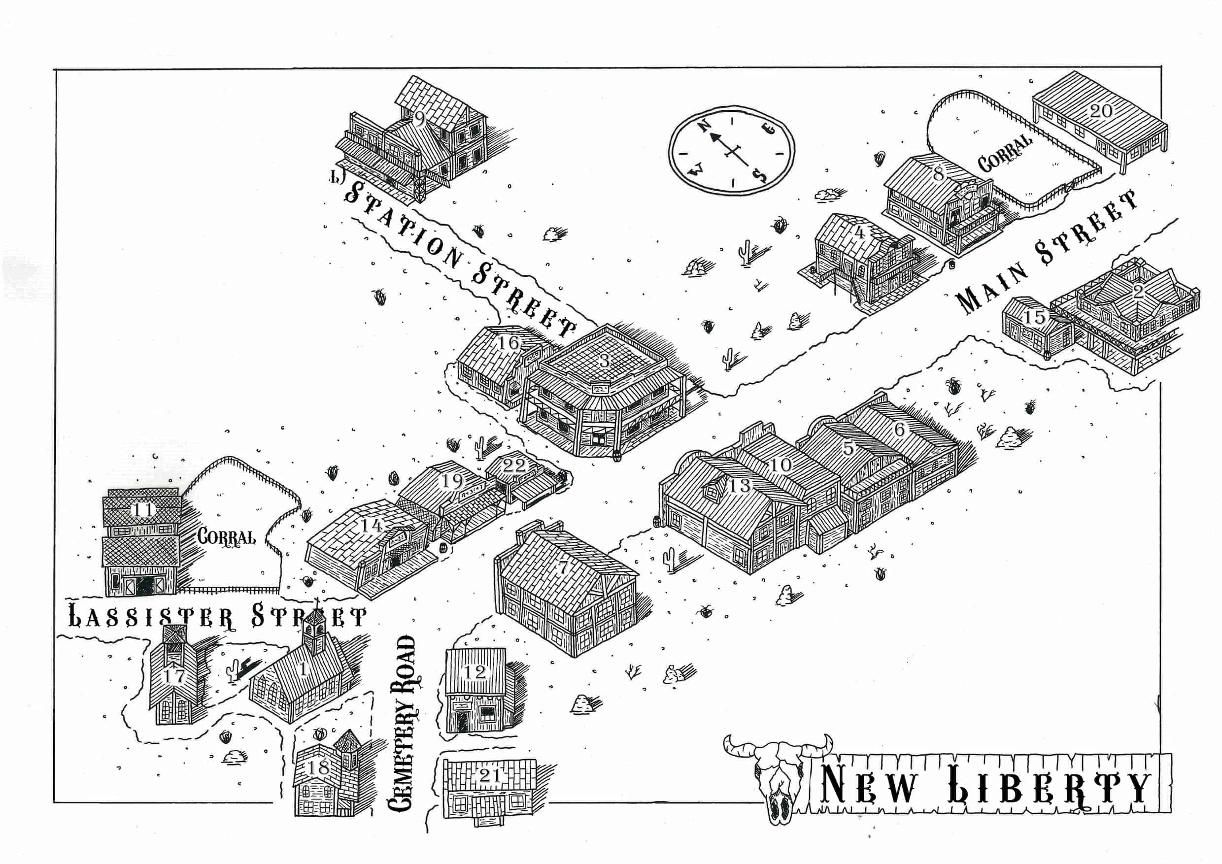 Isometric map of New Liberty - cartography for a wild west location for independence games